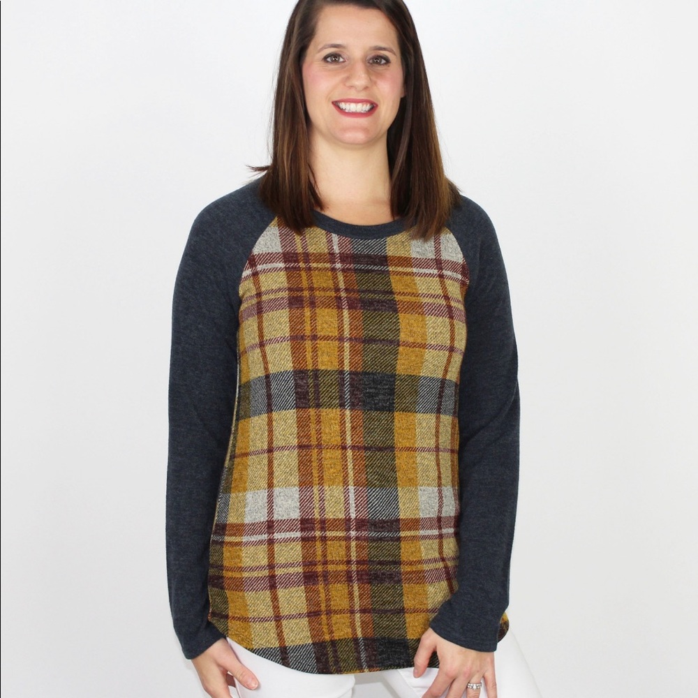 Mustard Yellow Plaid Knit Baseball Sweater